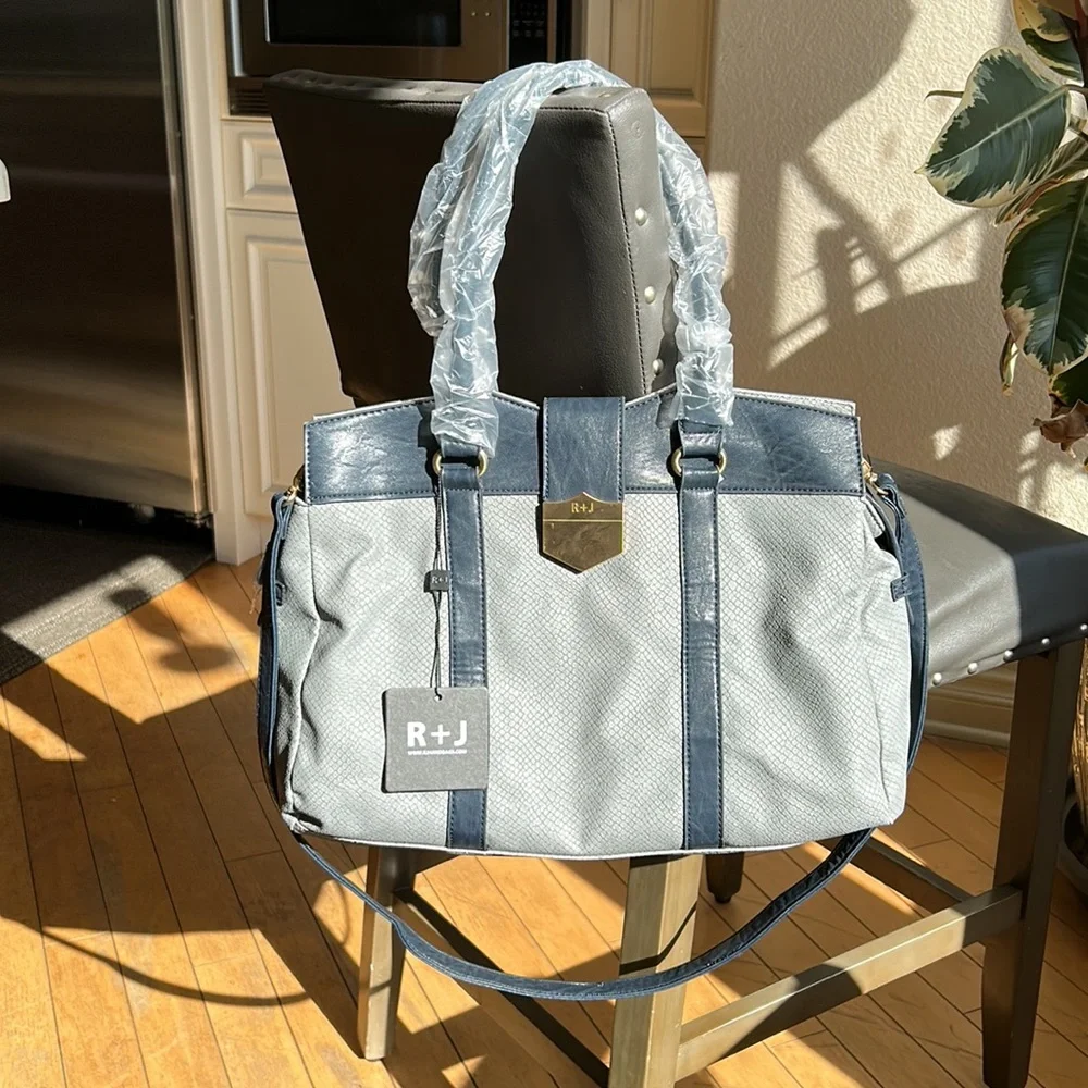 R+J Karalyn Grey Snakeskin Embossed Satchel Handbag‎ Navy Trim NWT HK-217-KAR